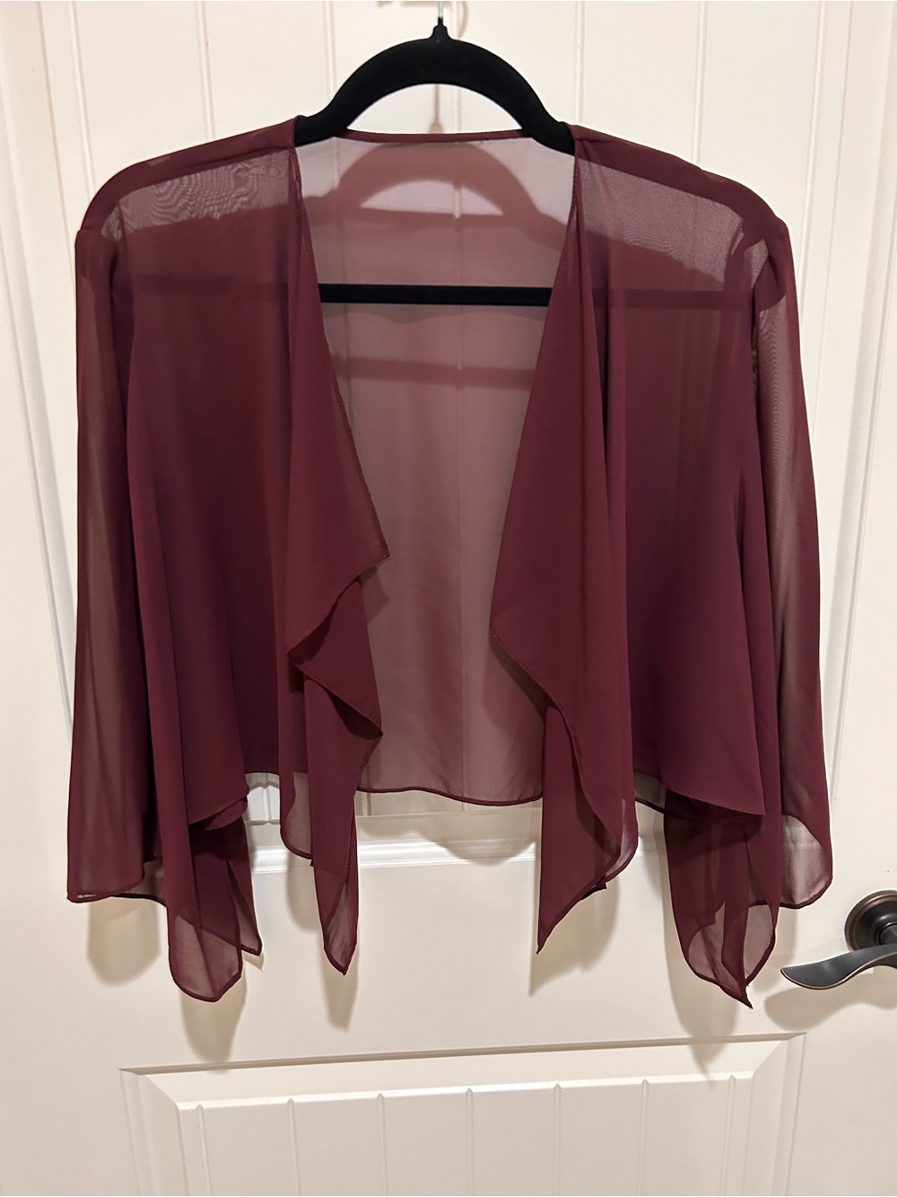 Sheer Draped Open Front Shrug - Burgundy